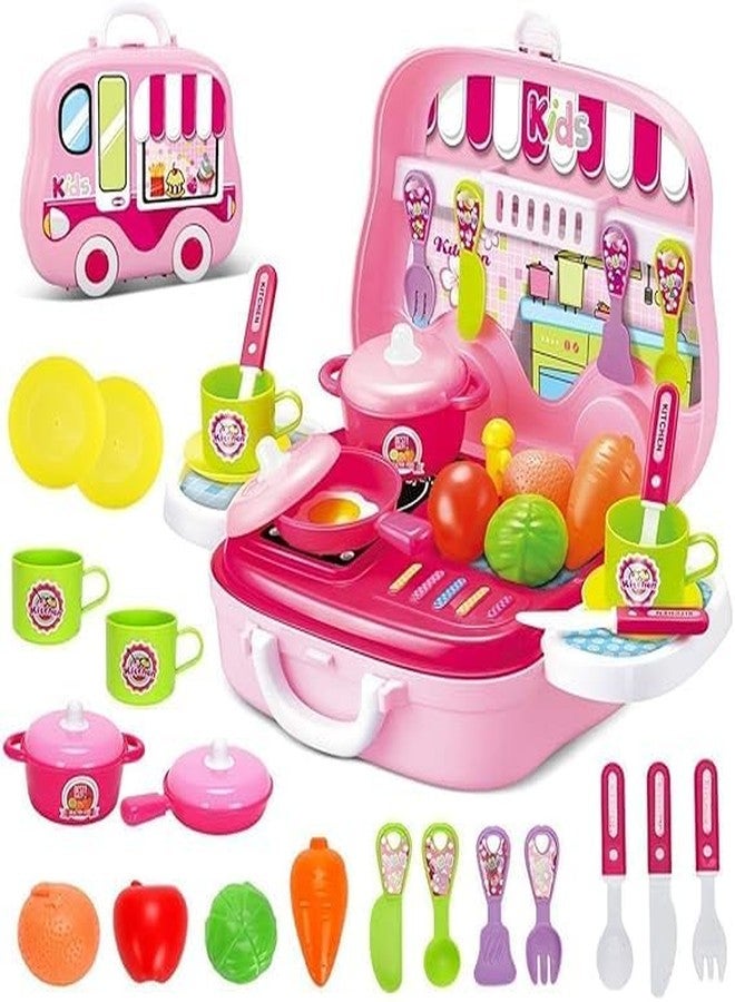 plutofit Kitchen Food Play Set with Wheel Suitcase, 26 Pieces, Stickers, Pretend Cooking Toys, Multicolor - Image 1